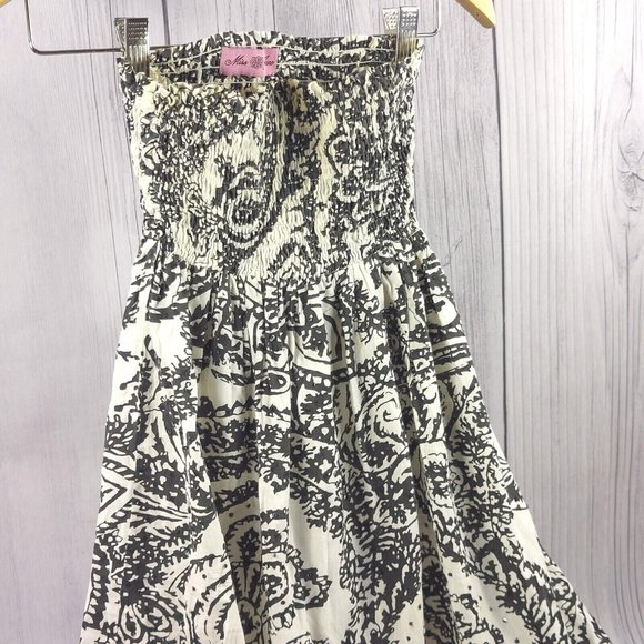 Strapless Summer Dress Ruffle Hem Shirred Detail Tube Dress Black/Beige Size S - Picture 7 of 11